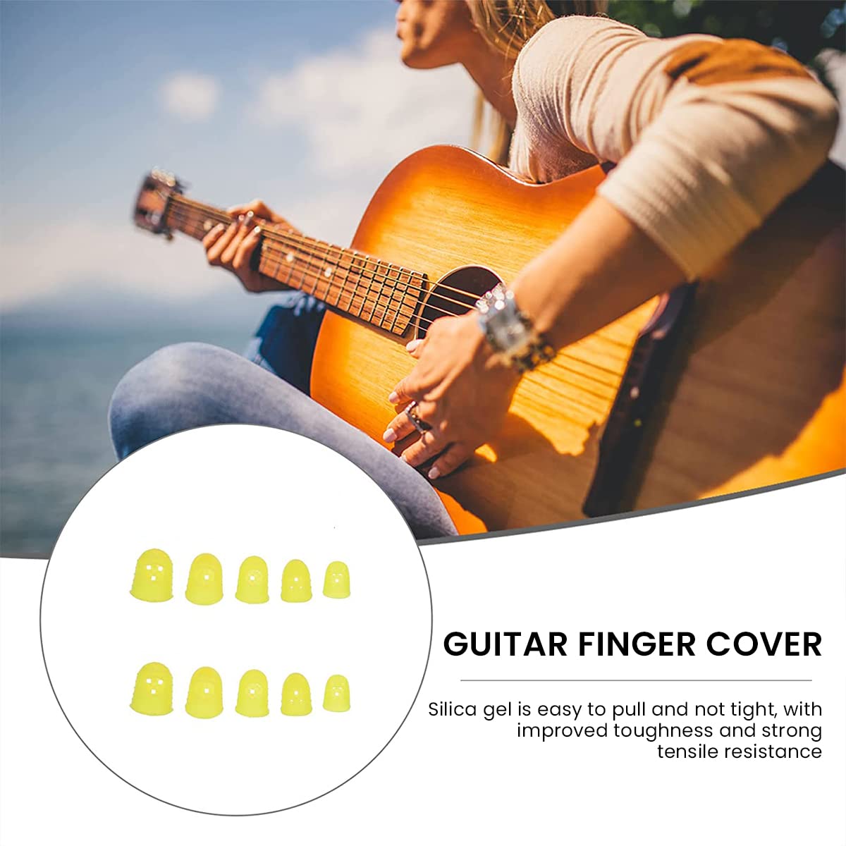 HASTHIP Guitar Finger Protector for Playing and Practice 20pcs 20mm Silicone Fingertip Guards | Non Slip Yellow Covers for Guitarists