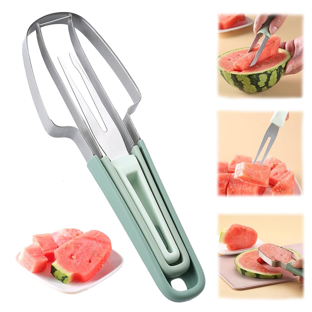 Supvox® 3-in-1 Watermelon Fork Slicer Cutter, Stainless Steel Watermelon Popsicle Cutter Watermelon Cutter Slicer Tool Melon Cutter Knife Portability Fruit Fork for Camping Kitchen Gadgets