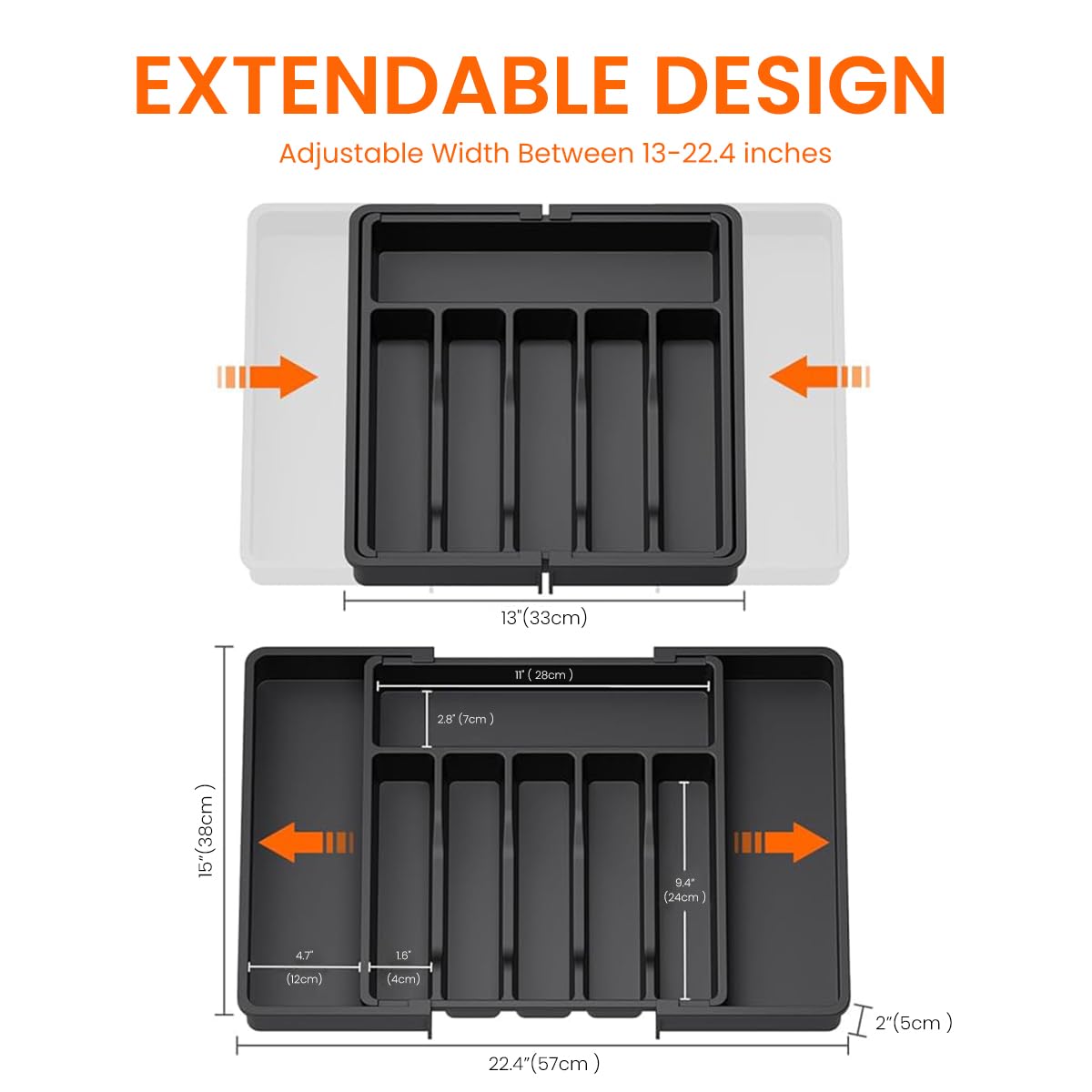 Supvox Kitchen Drawer Divider Organizer for Cutlery with 13–22.4 in Adjustable Length and 6 Compartments | PP Plastic Silverware Tray