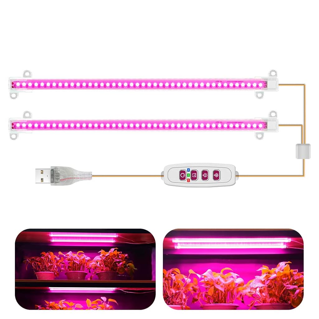 Qpets® LED Grow Lights Bars for Indoor Plants, Full Spectrum Strips Auto ON/Off, 8/12/16H Timer, 5 Dimmable Levels High Output USB 5V Grow Lamp Hydroponics Seedling Flower Starting(Pink Purple)