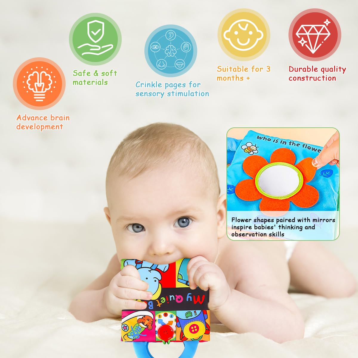 SNOWIE SOFT Dinosaur Cloth Books for Babies with 3D Tails and Crinkly Sound | Washable Soft Fabric Toy