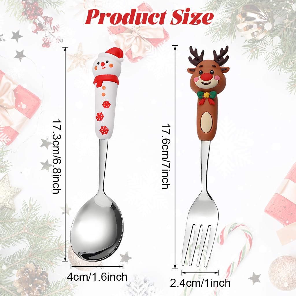 HASTHIP Christmas Spoon and Fork Set 2PCS for Holiday Dining with Elk and Snowman Toppers | Stainless Steel Silver Flatware Gift Box
