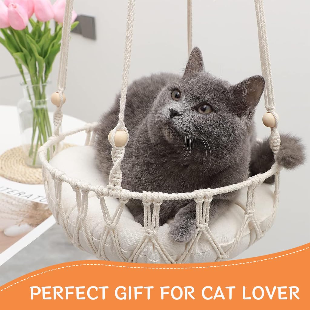 Qpets Ceiling Chair for Cat with Soft Cushion and 47.2 in Hanging Design | Boho Woven Bed