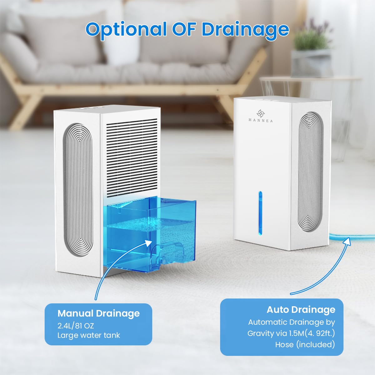 HANNEA® 2.4L Dehumidifiers for Room Home, 500 sq. ft/Drain 1.1L/day Small Dehumidifier for Bedroom Bathroom Cloakroom RV Closet, Quiet Dehumidifier with Auto Shut Off, 7 Colors LED Light