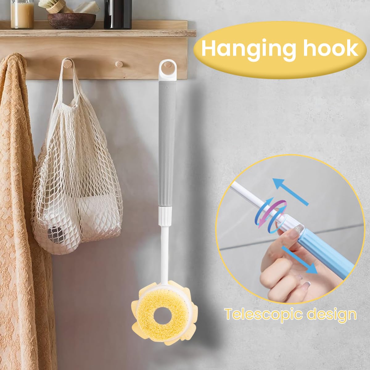 MAYCREATE Silicone Body Scrubber for Shower with 14.9 in Long Handle and Double Sided Design | Gentle Exfoliation for Men and Women