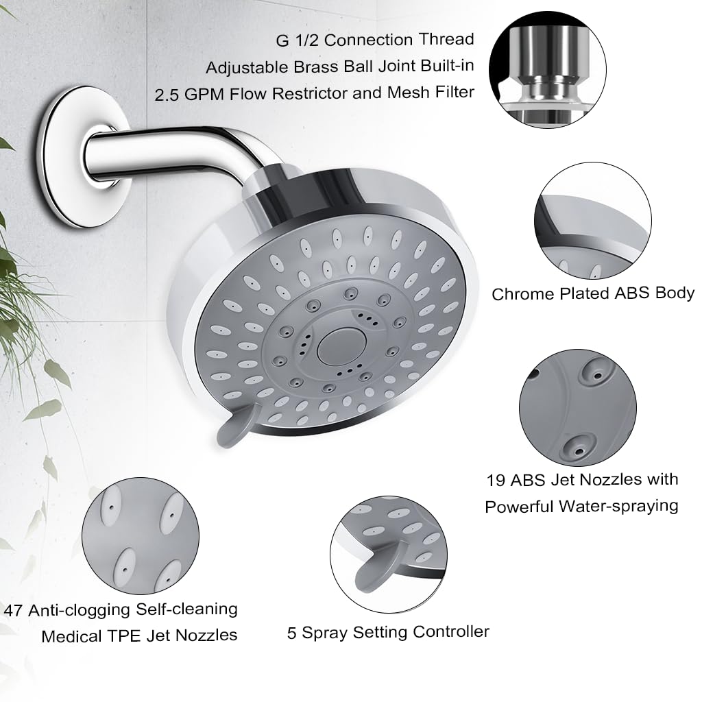 HASTHIP Round Shower Head with 5 Spray Modes and 360 Degree Flexibility | 4 in ABS Flush-Mount Design