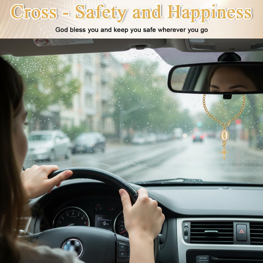 STHIRA Prayer Cross Pendant for Steering Wheel with Golden Alloy Chain and Rhinestones | Elegant Car Ornament Gift