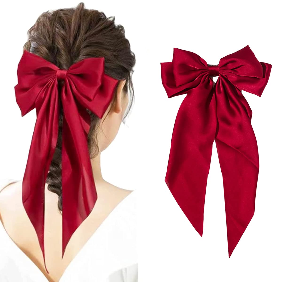 MAYCREATE® Large Satin Hair Bows for Women Girls Silk-Like Stylish French Bow Hair Clip Bowknot Hair Barrettes Big Ribbon Bow with Long Tail (Red)