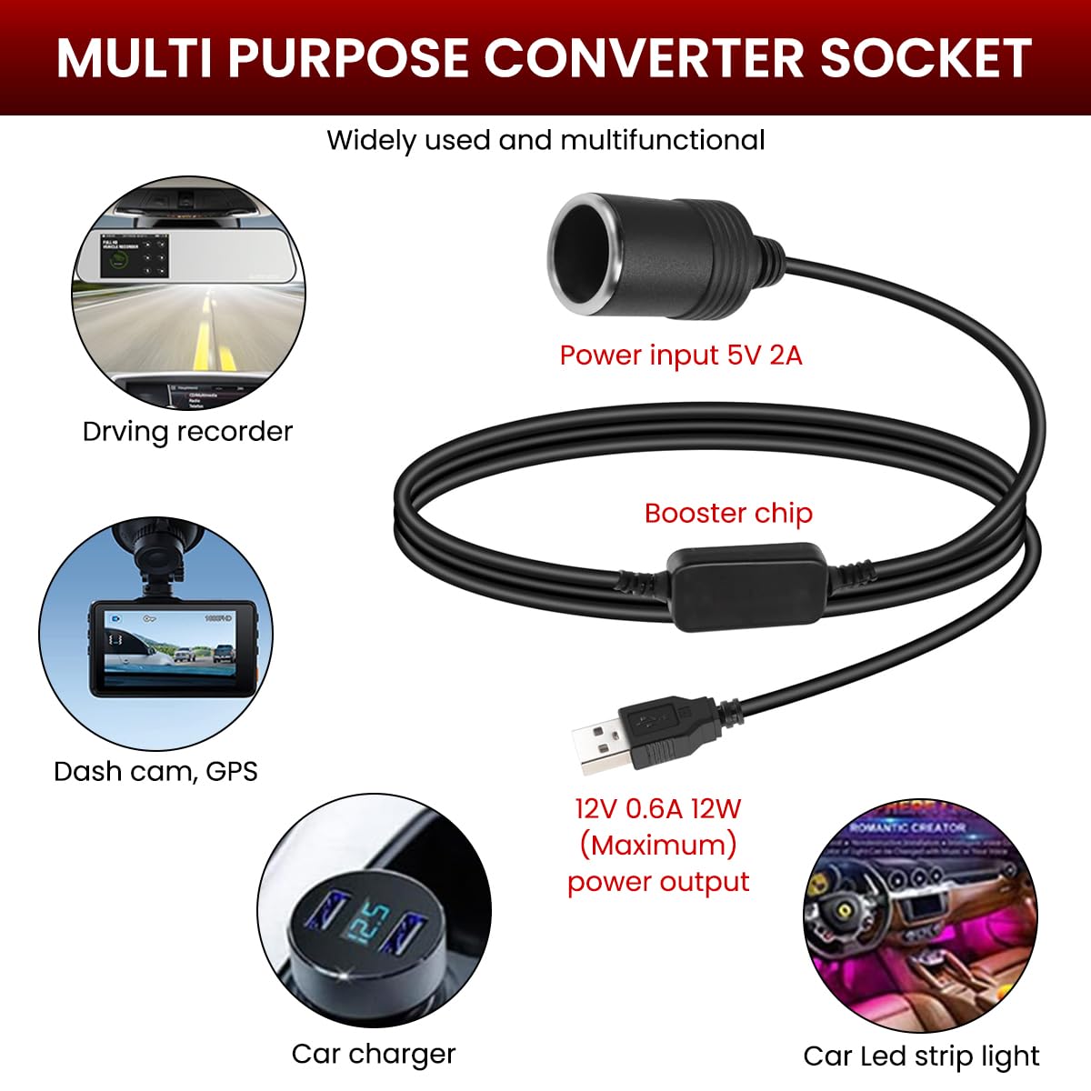 STHIRA USB to Cigarette Lighter Socket Converter for 12V Devices with 1.2 m Cable | 3PCS