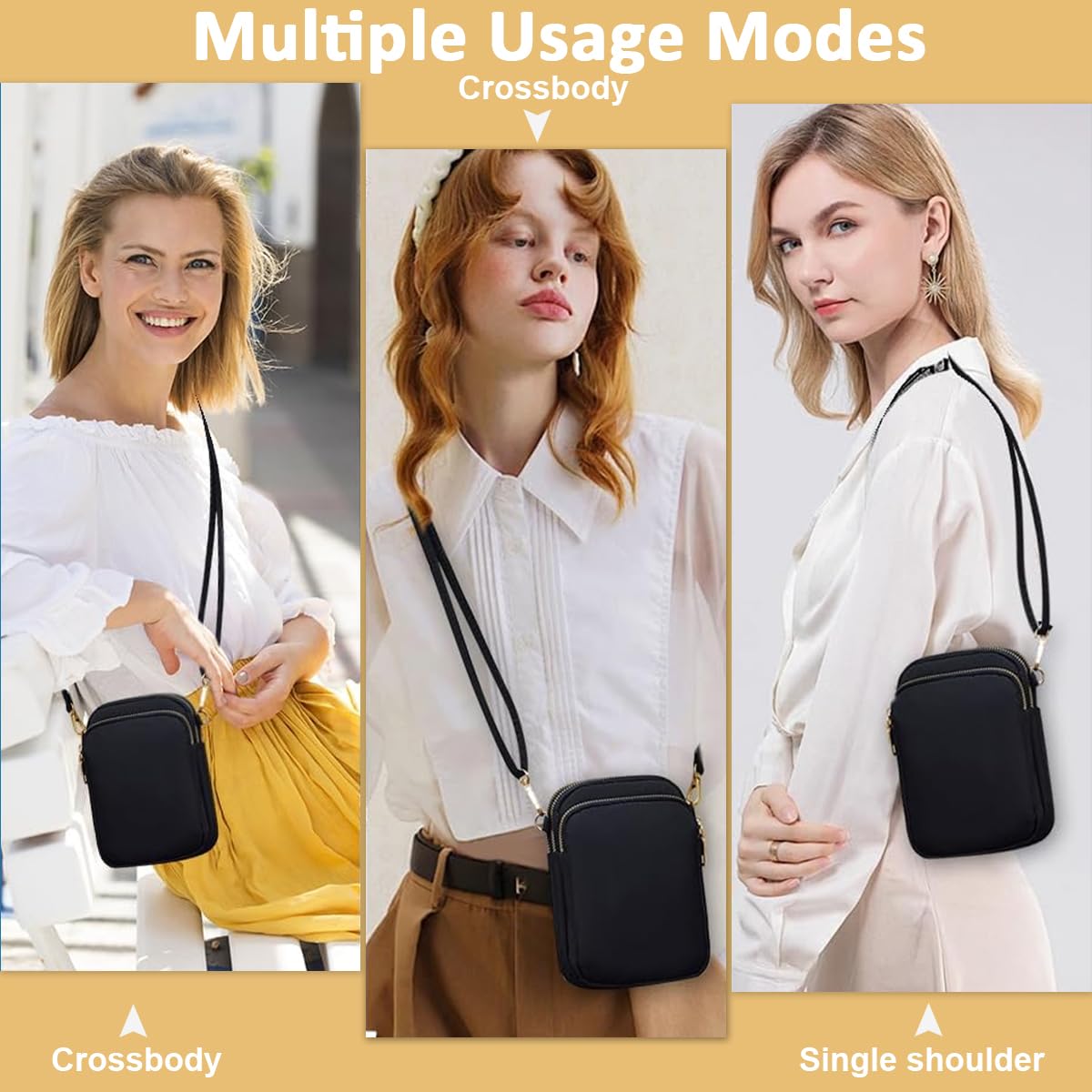 Zibuyu Crossbody Phone Bag for Women with Triple Layer Zipper and Earphone Hole | Black Water Resistant Nylon