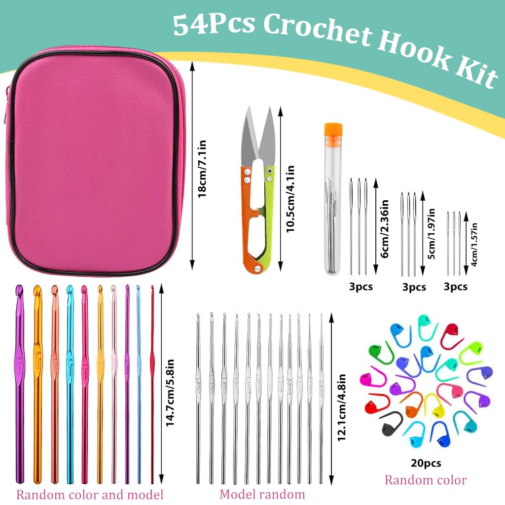 HASTHIP® 54PCS Crochet Needles Set, Ergonomic Crochet Hooks Kit with Storage Case, Crochet Hooks Needles Set Stitch Marker DIY Craft Hand Knitting Craft Art Tools for Beginners