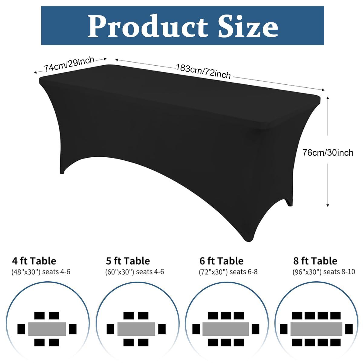 HASTHIP® 5.3ft Table Cloth Stretchy Table Cloth for Rectangular Table Oblong Table Fitted Events Stretch Black Table Cover for Party, Wedding, Cocktail, Banquet, 5.3ft x2.49x2.42 inches