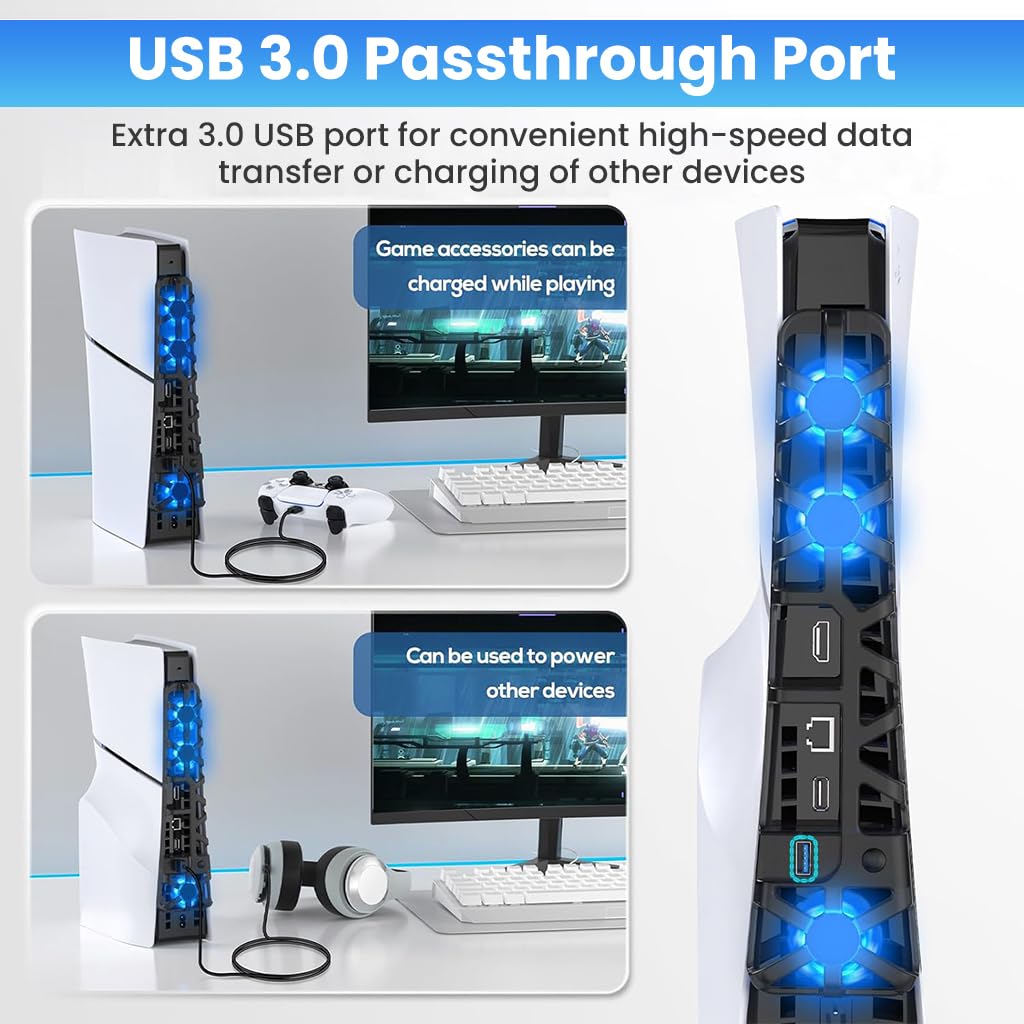 ZORBES LED Fan for PS5 Slim Console with 3 High Speed Turbo Fans and USB 3.0 Port | Quiet Cooling Accessory