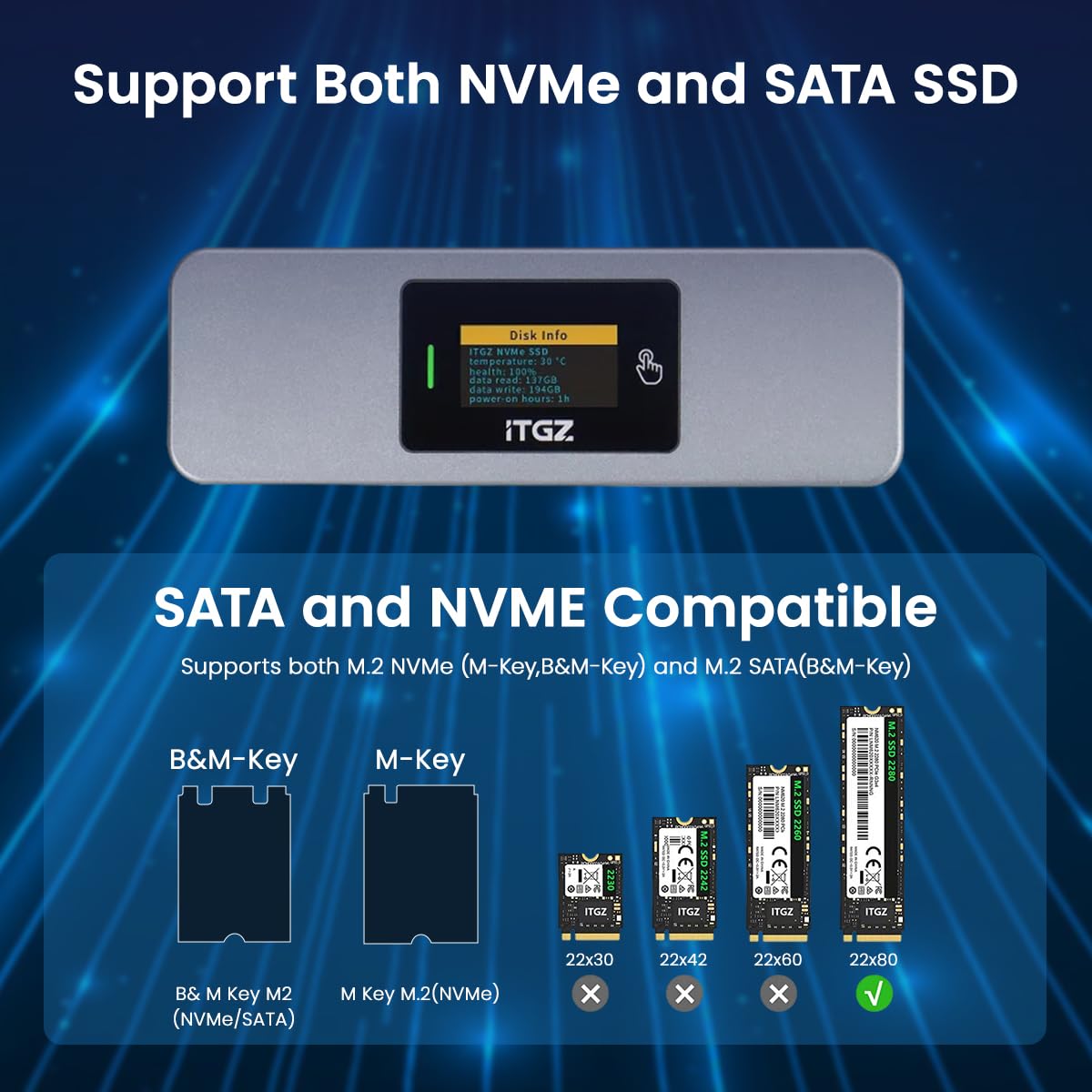 Verilux® Smart M.2 Enclosure with Touchscreen, USB 3.2 Gen 2 10Gbps, Only Compatible with 2280 NVMe/ PCIe and NGFF/SATA SSD, Support M-Key B+M Key, External Enclosure Support UASP Trim