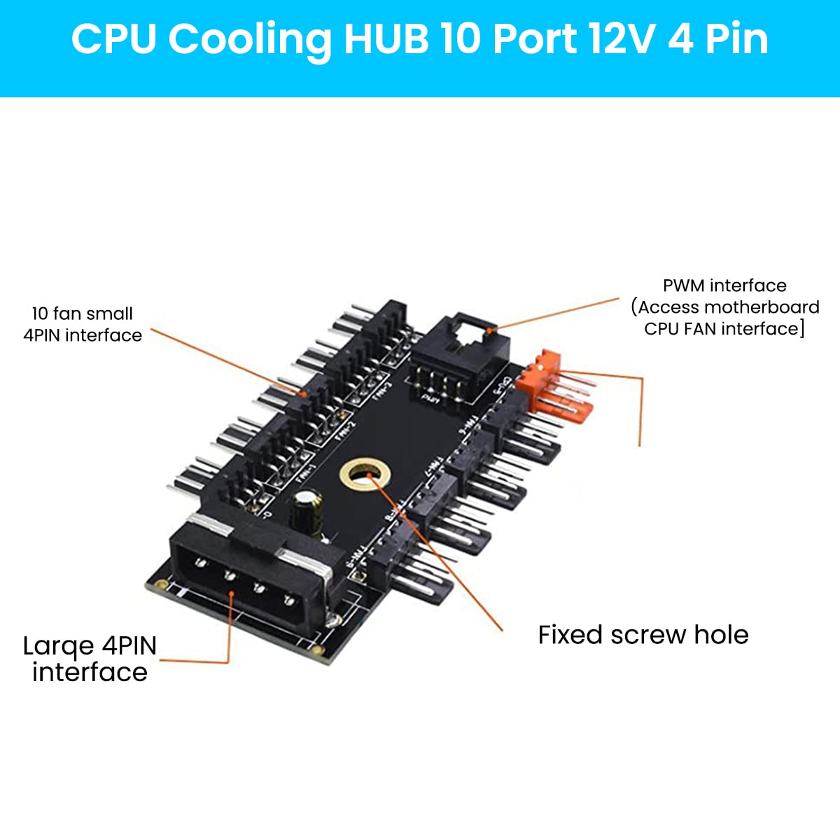 Verilux® PC PWM Fan Hub CPU Cooling HUB 10 Port 12V 4 Pin Fan PWM Hub Molex Controller Fan Hub Splitter, 4-Pin PWM Fan Power Supply Extension Cable for ATX Computer Case 4-Pin and 3-Pin Cooling Fans