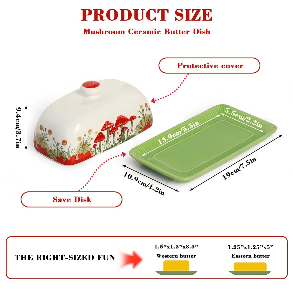 Supvox Ceramic Butter Saver Dish for Storage with Lid and Cartoon Mushroom Print 5.5x2.2 in