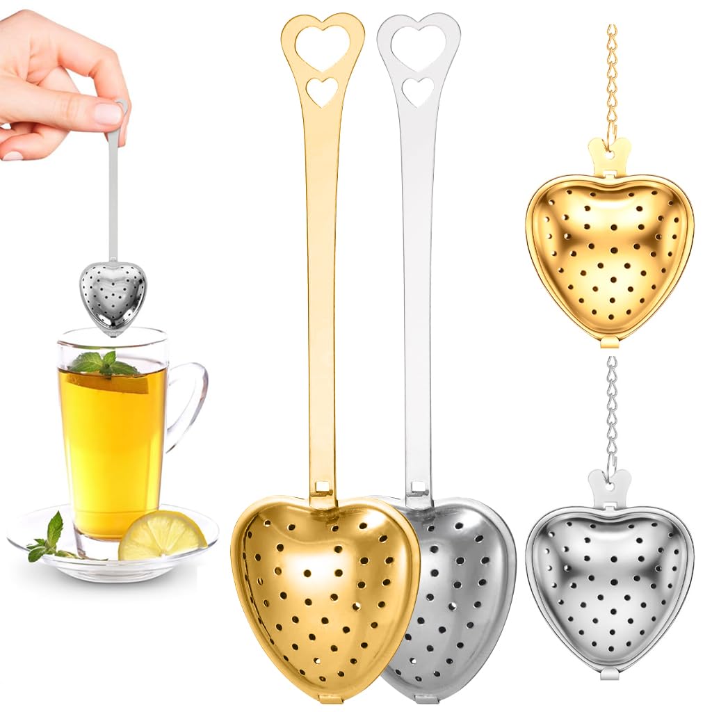 Supvox Tea Strainer Set for Loose Leaf Tea with Fine Mesh and Hooked Chain | 4Pcs Stainless Steel Heart Shape 4.3x4.7cm