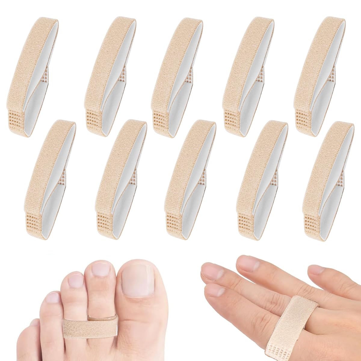 HANNEA Buddy Tape Finger Straps for Toes with Adjustable Hook and Loop Closure, 10PCS | Washable Khaki Wraps for Toe Alignment and Support