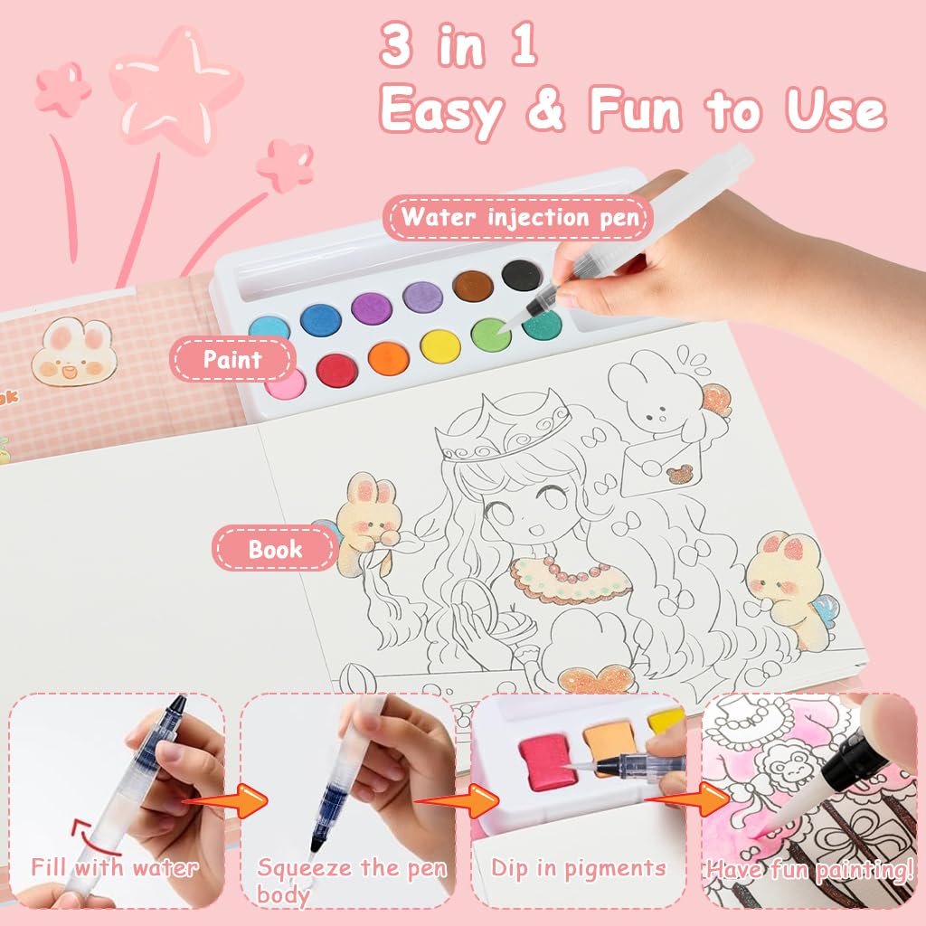 PATPAT Princess Magic Water Book for Kids with 18 Scenes & 24 Bookmarks | Reusable Watercolor Coloring Set