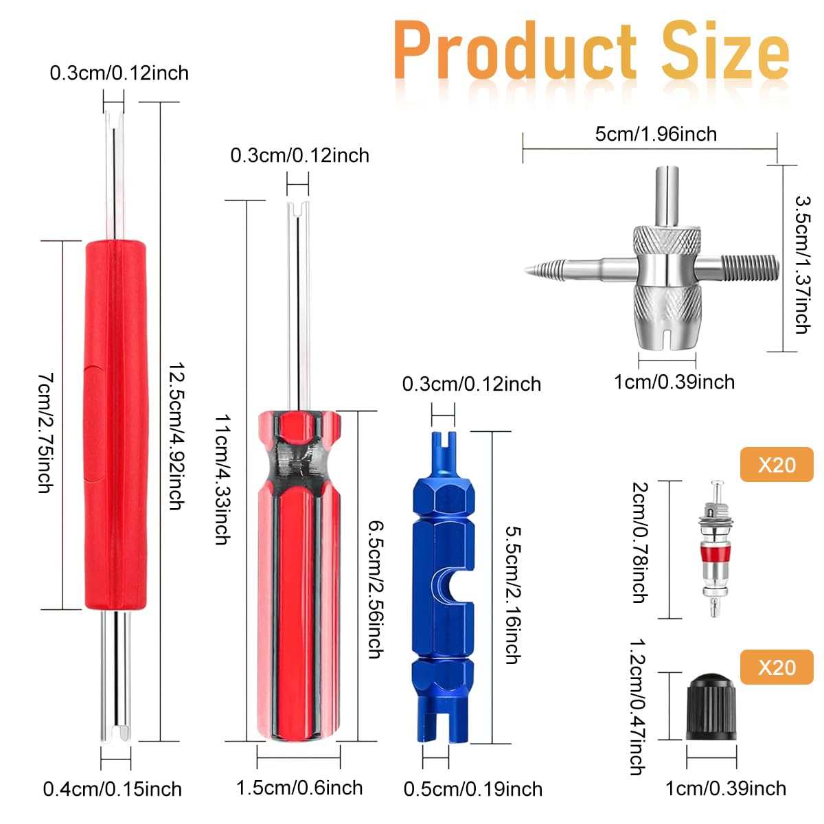 STHIRA® Tyre Valve Core Repair Tool Kit Set of 44Pcs Presta Valve Core Repair Tool Kit Includes 4 Valve Remover Assembly Tools, 20 Pieces Valve Core, 20 Pieces Tyre Valve Caps for Car Tyre, Bike Tyre