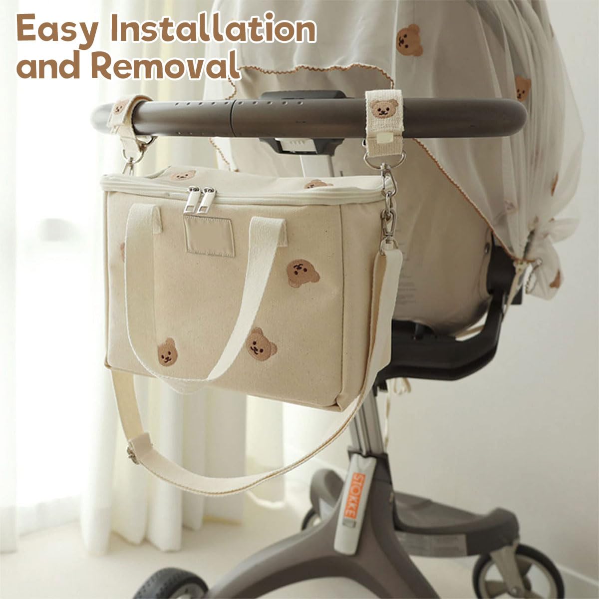 SNOWIE SOFT Baby Stroller Hooks 2 Pack with Metal Carabiner and Adjustable Cotton Straps | White Bear Design for Bags and Diapers