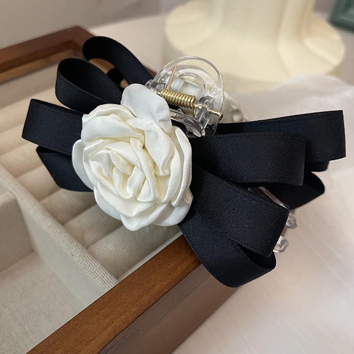 PALAY Large Bow Hair Claw Clip for Women with Camellia Flower Design and Strong Hold | Black