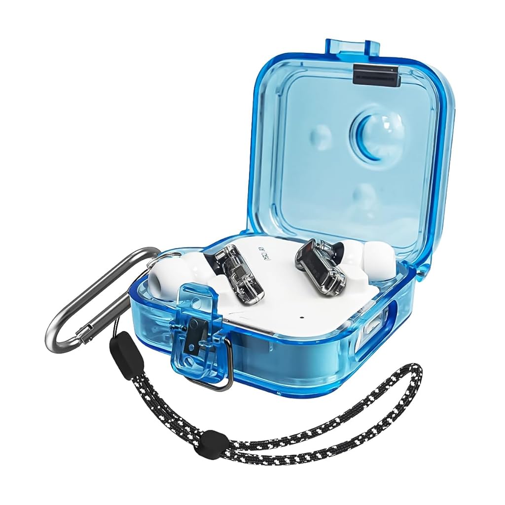 ZORBES Earbuds Cover for Nothing Ear 2, Transparent Case Shock-Absorbing Protective Armor Cover for Nothing Ear 2 Earbuds, PC Hard Shell with Lanyard and Carabiner (Transparent Blue)