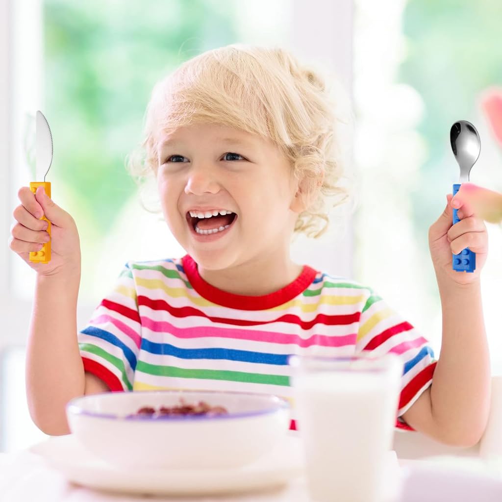 Supvox Kids Cutlery Set for Mealtime Fun with Colorful Building Block Handles and 3 Pieces