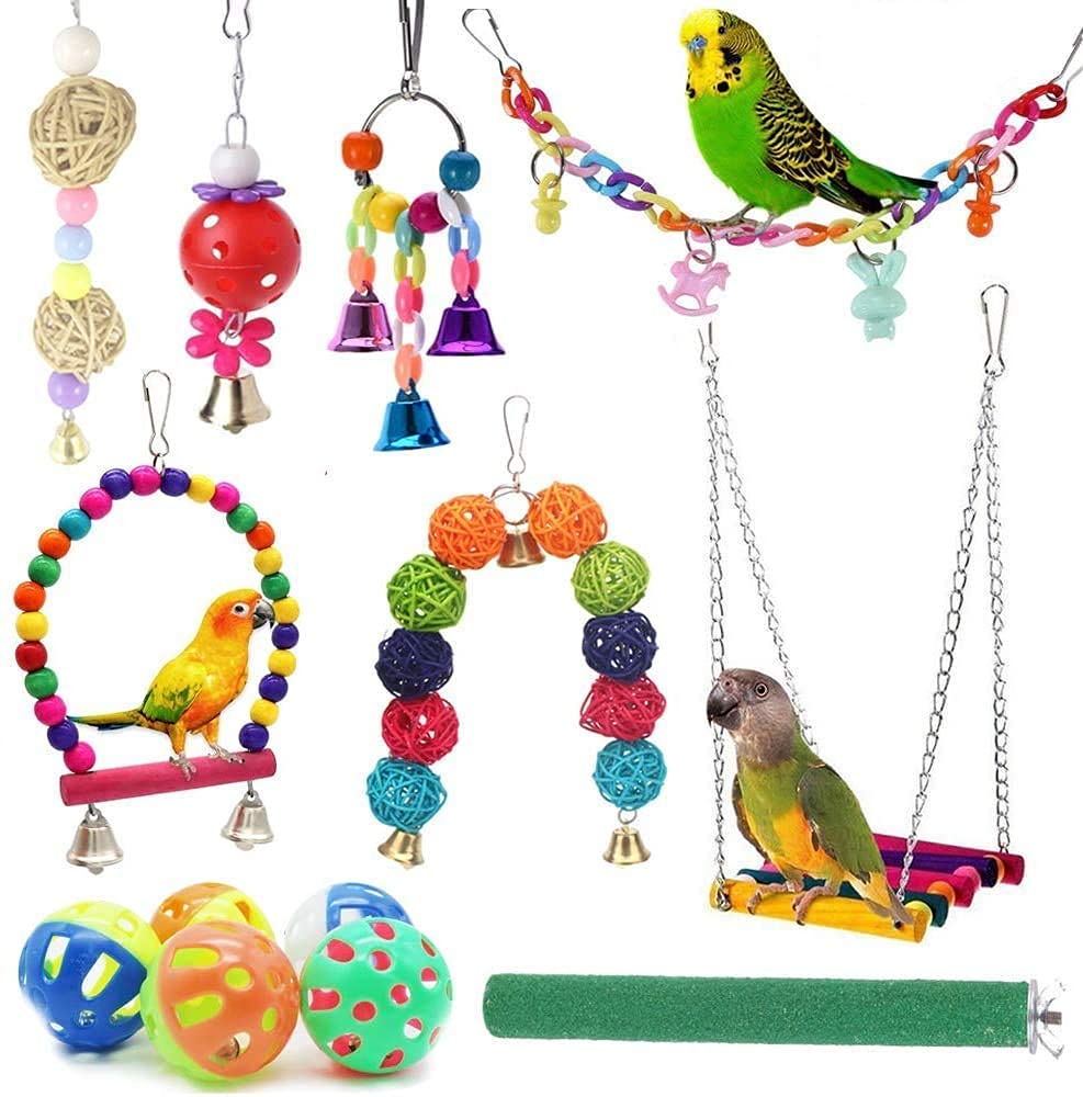 Qpets Birds Toys Set for Parrots and Parakeets with 12 Pieces Including Swings | Natural Wood Chew Toys
