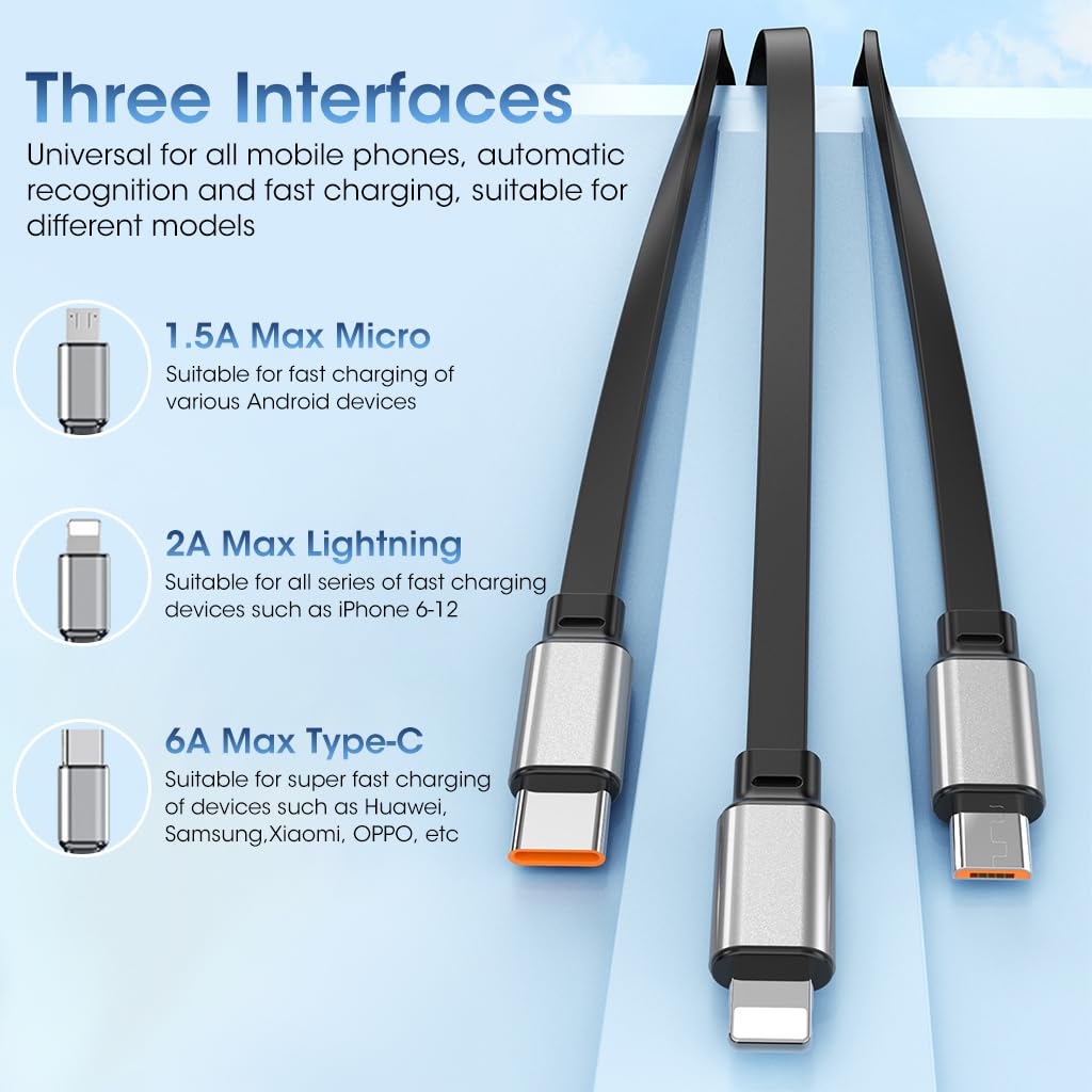 Verilux® 3 in 1 USB Charging Cable 120W Multiport Fast Charging Cable with TYPE C/Lightn-ing/Micro-USB, Retractable Phone Charging Cable for iPhone/iPad/Tablets/Samsung Galaxy, More USB Devices