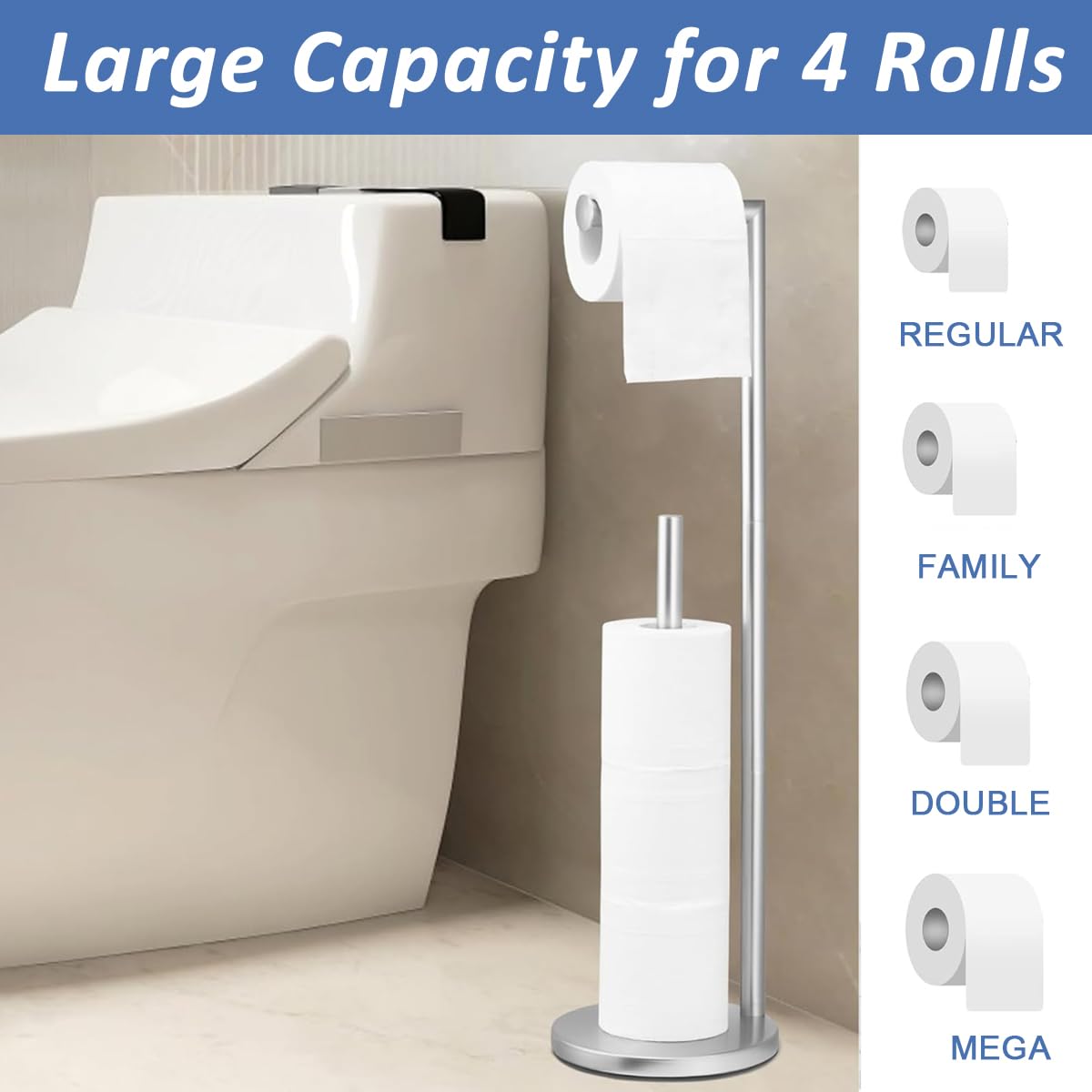 Supvox Toilet Paper Roll Holder 2 In 1 Toilet Paper Roll Organizer Floor Stand 26.9 Inches Toilet Paper Roll Holder Stand Stainless Steel Toilet Paper Roll Holder for Living Room, Bathroom, Kitchen
