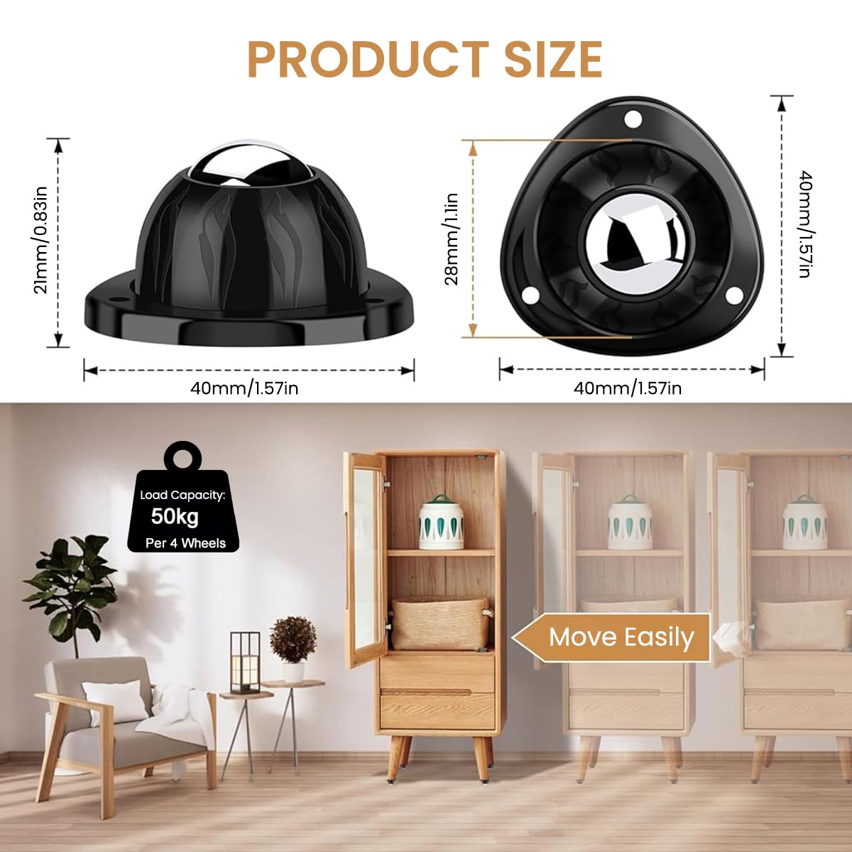 Serplex Self Adhesive Mini Caster Wheels for Furniture and Appliances featuring 360° Swivel | 4pcs Set with 50kg Load Capacity and ABS Nickel Steel Design