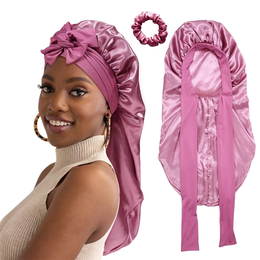 MAYCREATE® Silk Bonnet for Hair Satin Bonnet for Sleeping Satin Hair Bonnet with Adjustable Tie Band Silk Hair Cap for Sleeping Hair Care Hair Bonnet for Long and Thick Hair - Pink