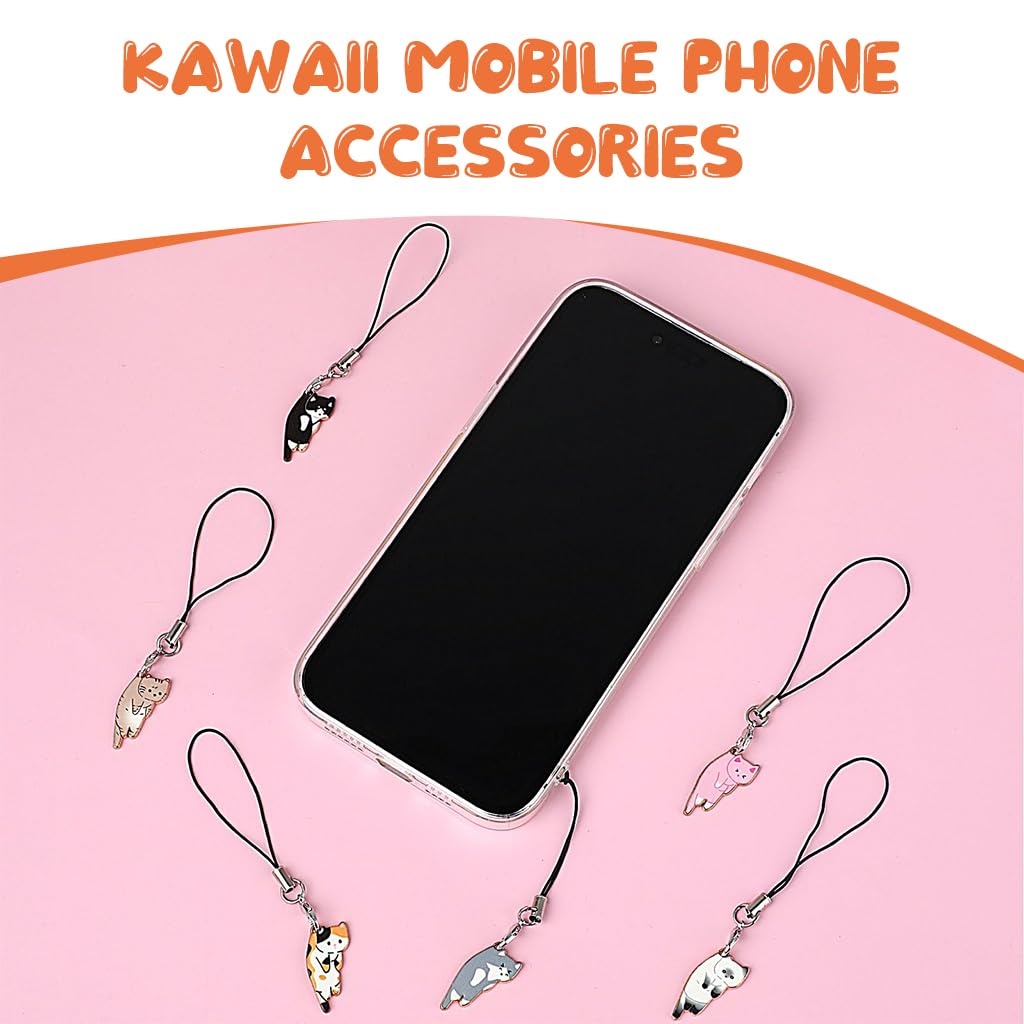 ZORBES Cute Cartoon Kitty Mobile Phone Charms 6Pcs with Line Loop for Women and Girls | Alloy Kawaii Cat Accessories for Phone Cases and Bags