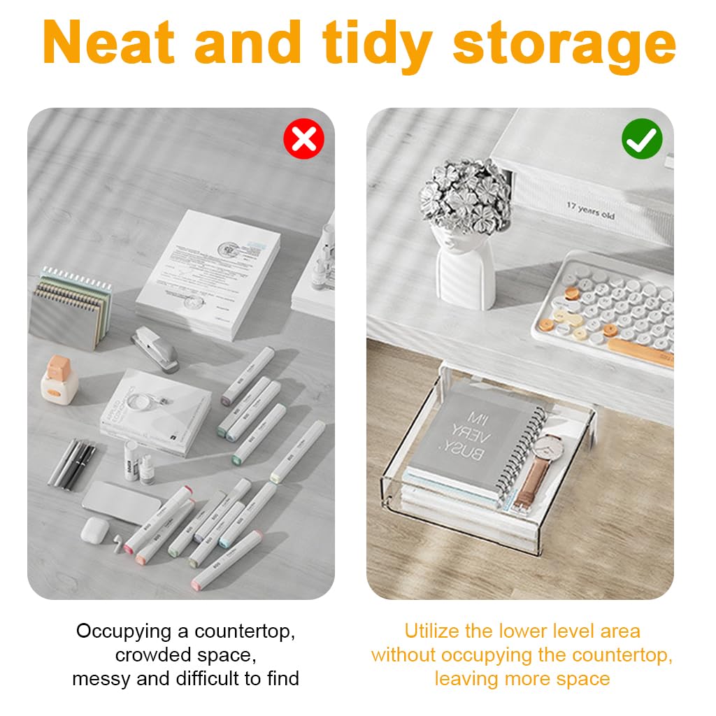 OFIFO Under Desk Drawer Organizer for Office and Home with Smooth Pull Out 7.8x5.9x3.3 in | Transparent PET No Drill Storage Box