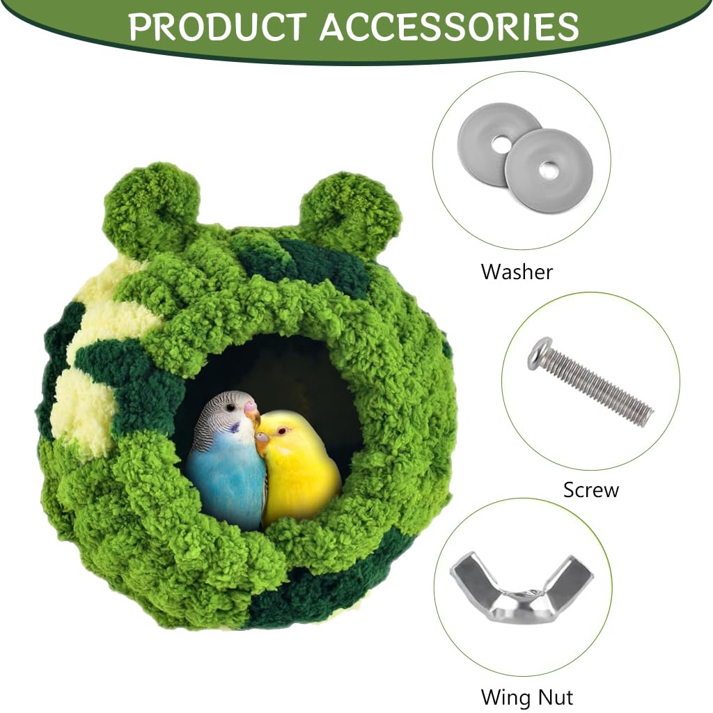 Qpets® Parrots Nest for Cage, Cute Green Plush Warm Birds Nest Winter Birds Nest Screw Mounting Birds Winter Soft Plush Parrots Nest for Cage Washable Birds Nest for Parrots, Cockatoo, (21x19x21CM)