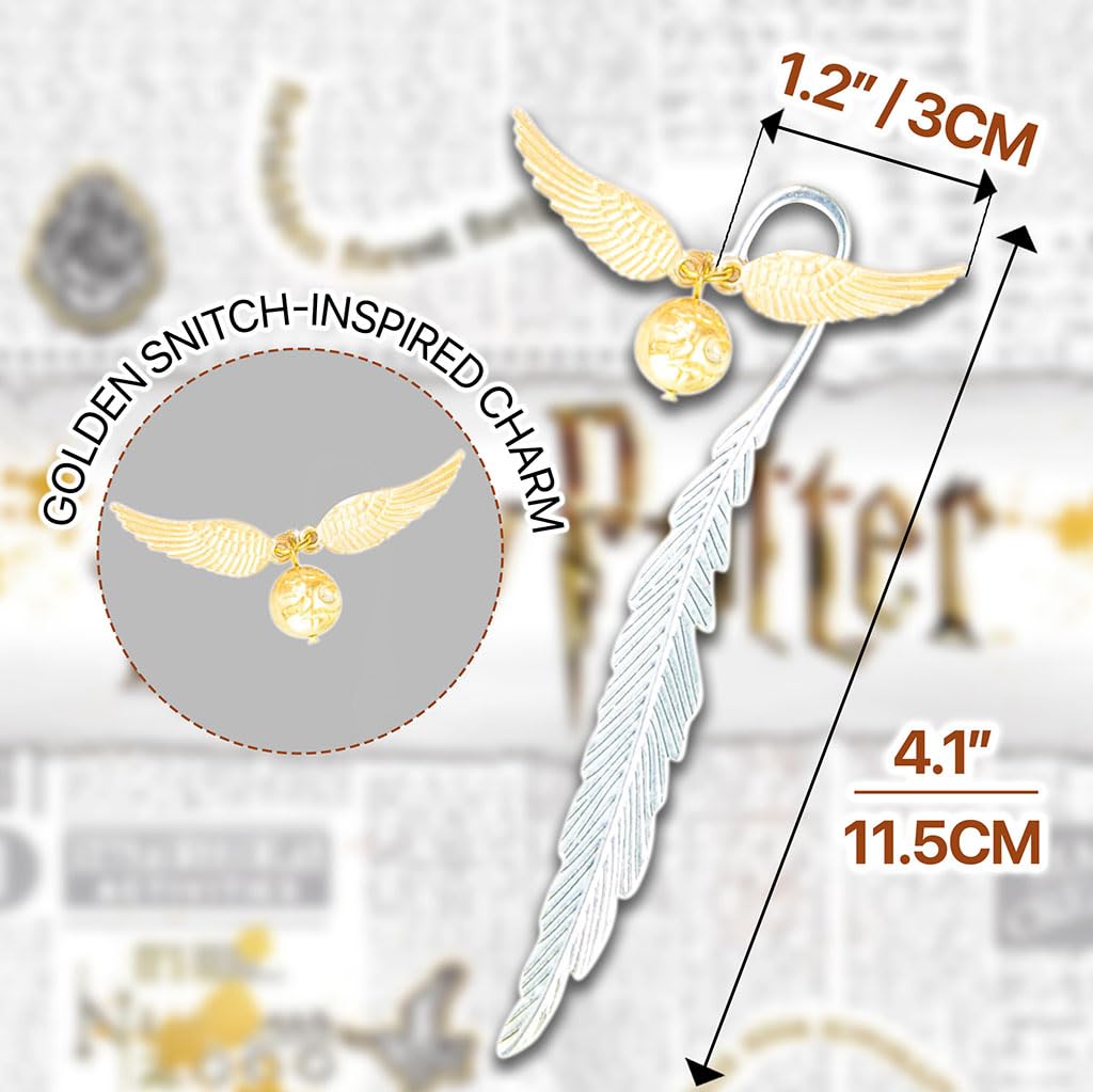ZIBUYU Metal Bookmark for Readers featuring 4.56 in Vintage Feather and Golden Snitch Charm | Gift Box