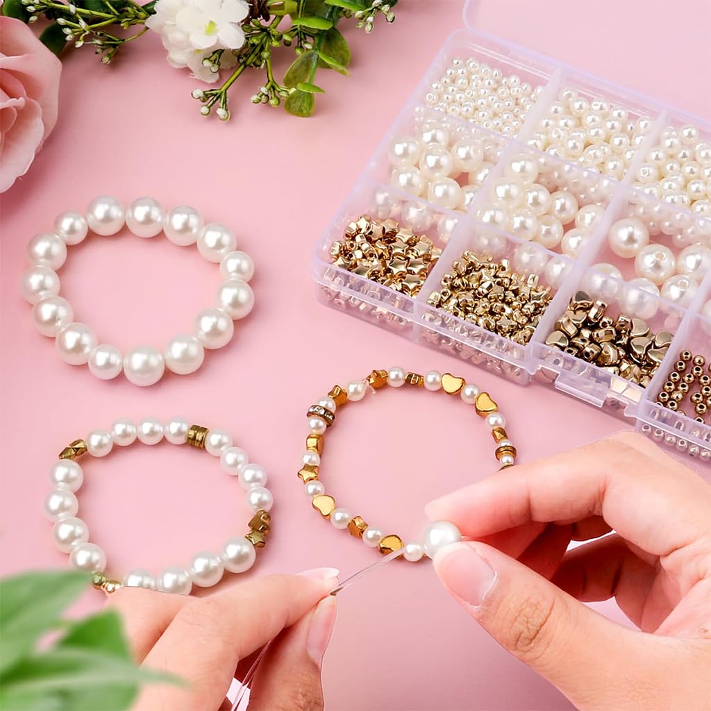 SANNIDHI® 2 Boxes 720pcs Pearls Beads for Jewellery Making Kit, Pearl Beads for Bracelet Making, Assorted Sizes Pearl Round Set Spacer Charms Golden with Tools DIY Crafts Earrings Necklace
