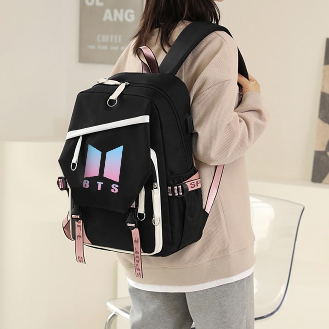 PALAY BTS Backpack for School and Travel with USB Charging Port 32×15×45cm Black for Kids