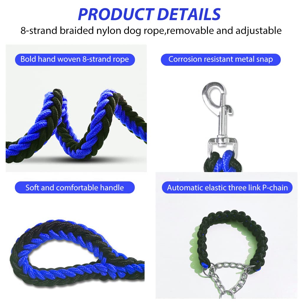 Qpets® 1.3M Dog Chains for Strong Dogs, 8 Strands of Woven Nylon Rope Dog Leash for Large Dogs 360° Swivel Metal Attachment Adjustable Dog Collar Detachable Dog Leash