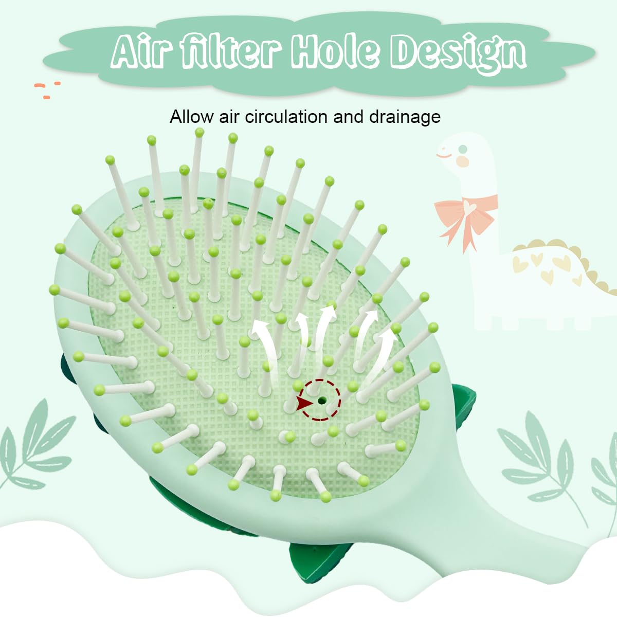 PALAY® Hair Brush for Kids Cartoon Dinosaur Toddler Paddle Hair Brush Kids Comb Mini Hair Brush with Soft Bristle and Air Cushion Hair Brush for Girls, Boys, Women - Green