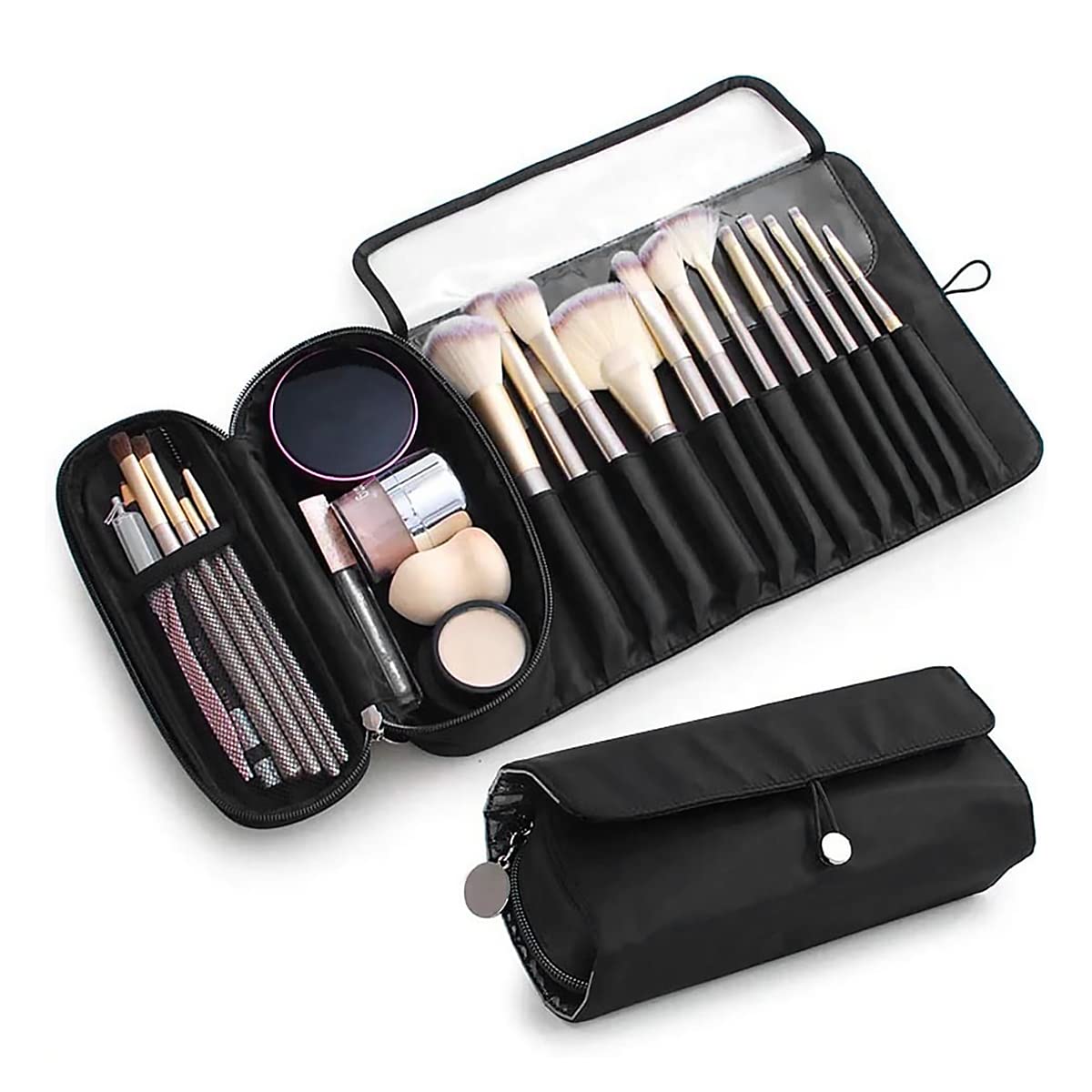 MAYCREATE® Makeup Brush Holder Travel Makeup Brush Organizer Cosmetic Bag Roll Up Storage Case Pouch with 12 Brush Sleeve, Zipper & Mesh Pouch, Waterproof & Dustproof