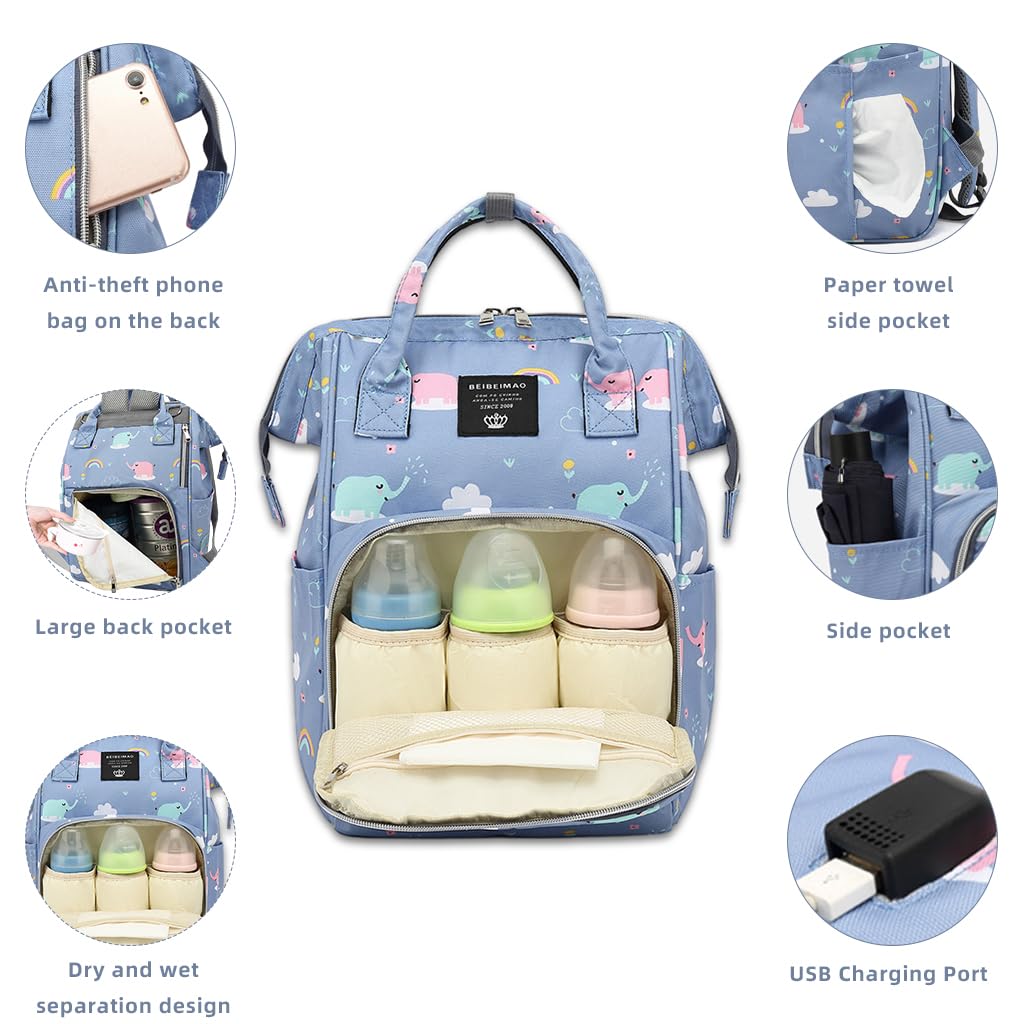 SNOWIE SOFT Diaper Bag Backpack for Travel with USB Port and 30×20×20 cm Large Capacity | Includes Insulated Bottle Pouch and Stroller Hooks