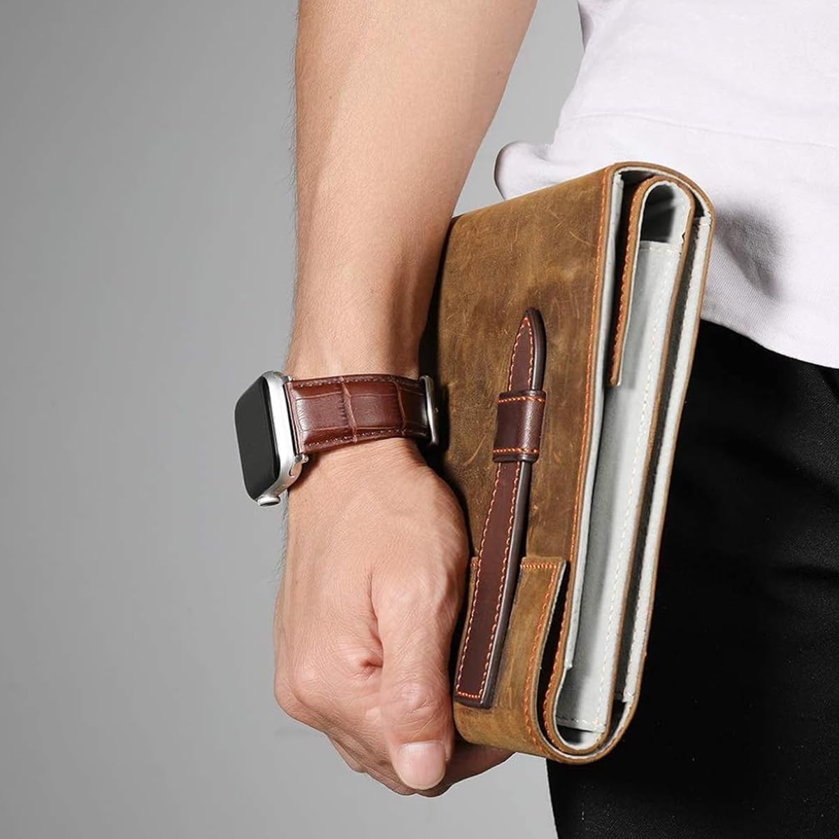 ZORBES Leather Watch Strap for Apple Watch 42 44 45 49mm with Adjustable Buckle | PU Leather Band for Men and Women