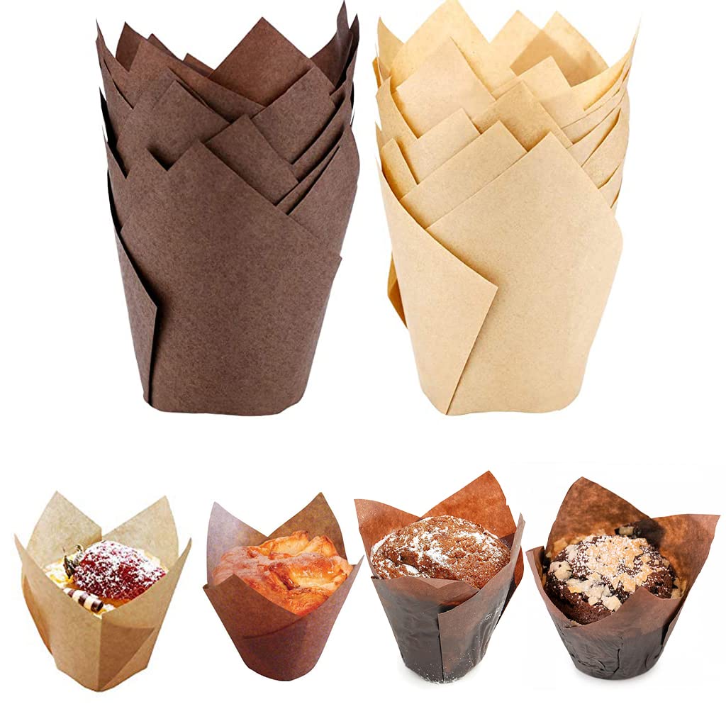 Supvox Cupcake Liners for Baking Weddings and Birthdays featuring 100pcs 5cm Tulip Design | Food Grade Greaseproof Paper in Golden Printed Brown