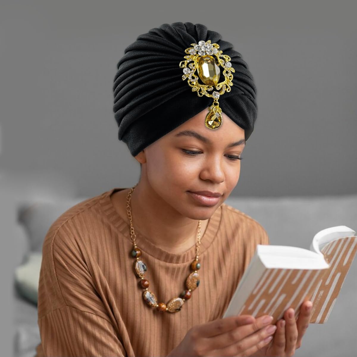 PALAY Turban Cap for Women with Alloy Crystal Tassel and 58cm Stretch Fit | Black Cozy Fabric for Wedding and Church