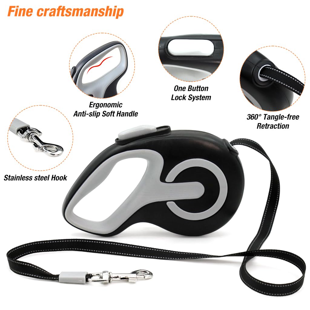 Qpets Retractable Dog Leash for Walking with 9.8 ft Nylon Rope and 360° Tangle-Free Hook | Anti-Slip Handle for Dogs up to 50 kg