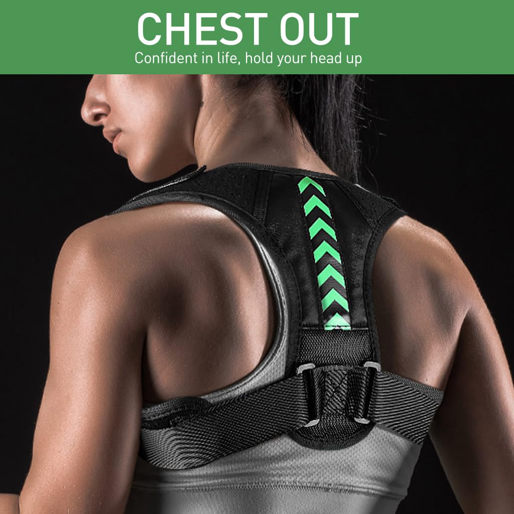 HANNEA Posture Corrector for Men and Women with Hook and Loop Straps, 27–36 in Fit | Breathable Black Green Arrow Back Support Belt