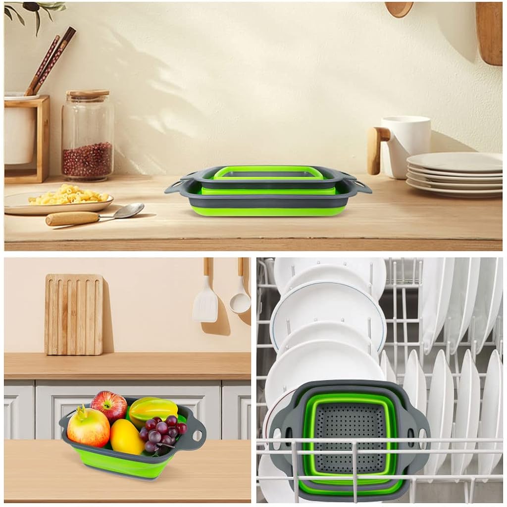 Supvox® 2-Piece Foldable Silicone Square Retractable Drain Basket Filter Set, Green-Green