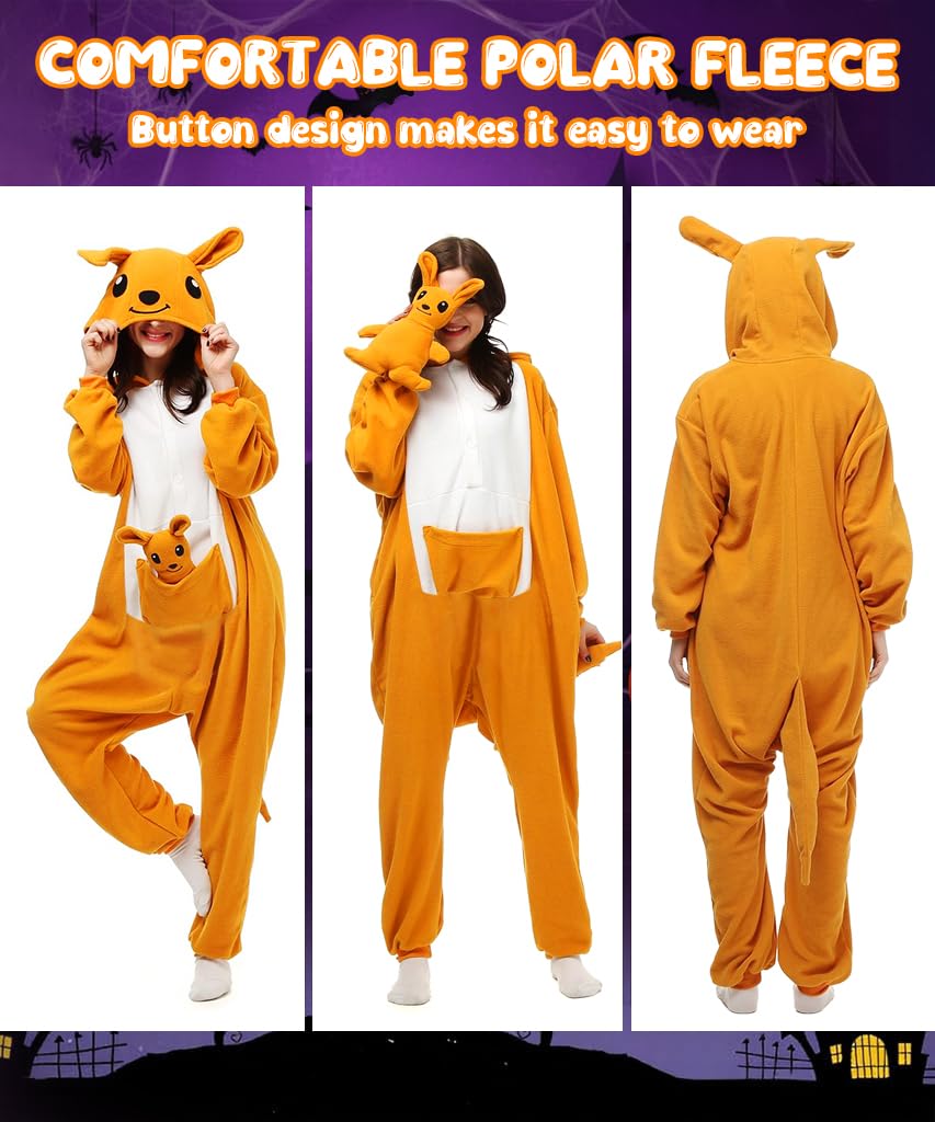 PALAY Cartoon Kangaroo Pajama for Women featuring Zipper Collar Hood Pocket and Plush Polar Fleece